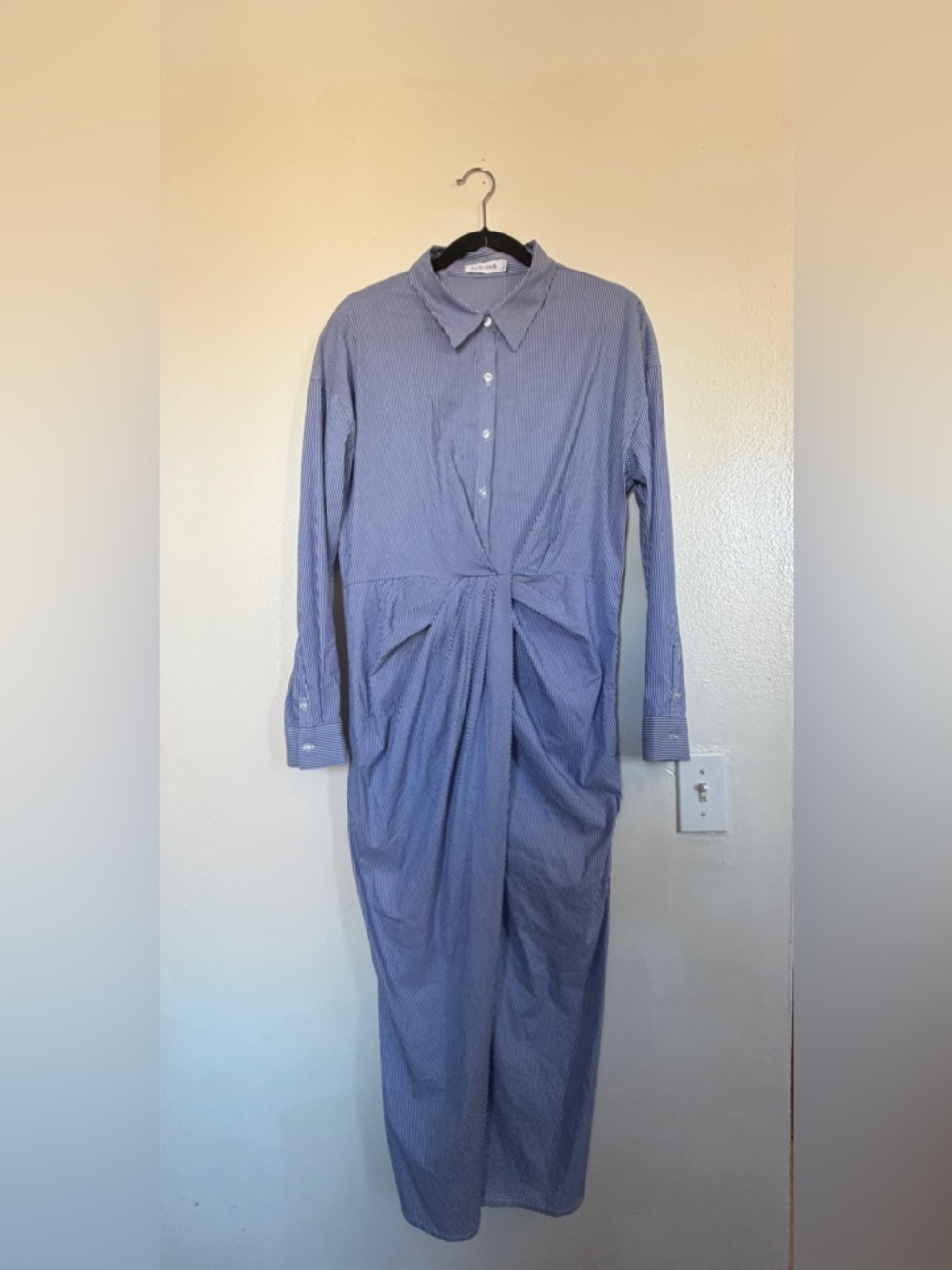 JustFab Blue Pinstripe Long-Sleeve Button Front Dress